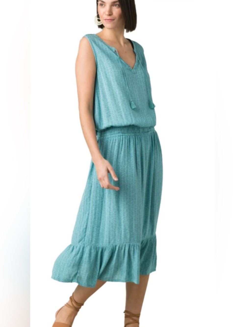 Prana Teal Sleeveless Midi Dress with Tassel V-Neck Ruffle Hem Size M Boho Chic
